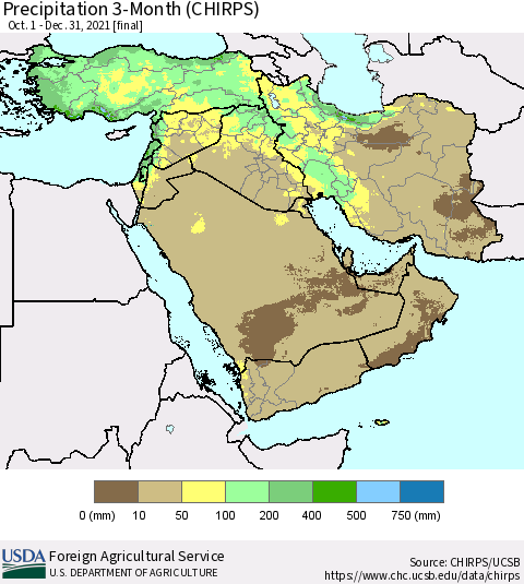 Middle East and Turkey Precipitation 3-Month (CHIRPS) Thematic Map For 10/1/2021 - 12/31/2021