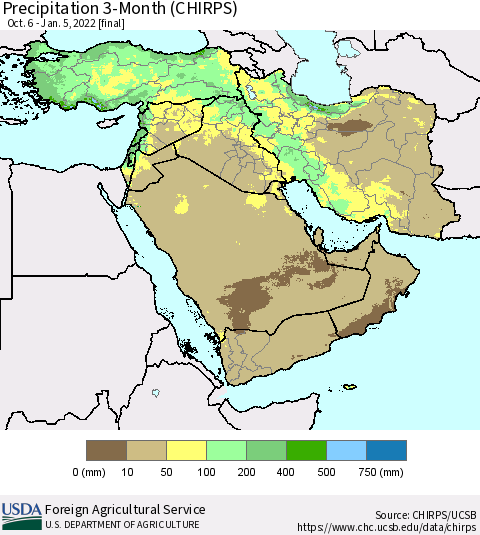 Middle East and Turkey Precipitation 3-Month (CHIRPS) Thematic Map For 10/6/2021 - 1/5/2022
