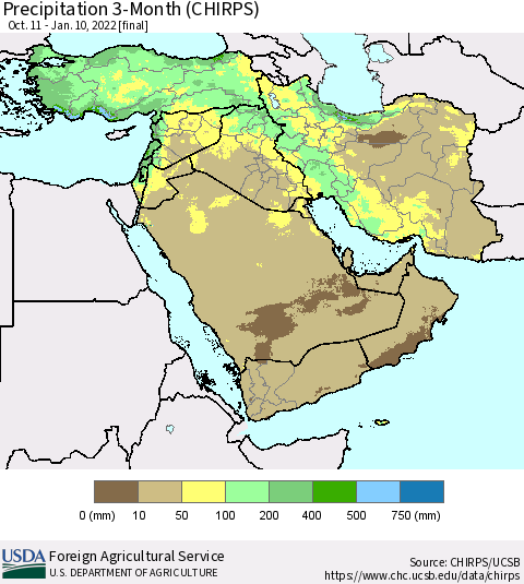 Middle East and Turkey Precipitation 3-Month (CHIRPS) Thematic Map For 10/11/2021 - 1/10/2022