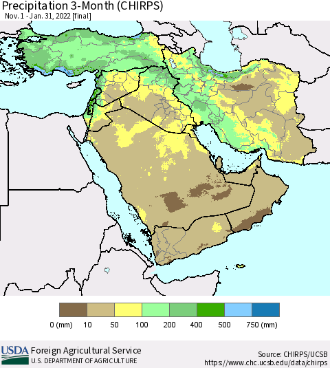 Middle East and Turkey Precipitation 3-Month (CHIRPS) Thematic Map For 11/1/2021 - 1/31/2022