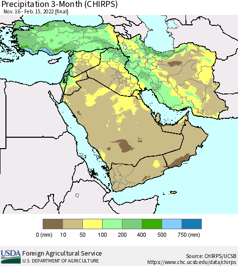 Middle East and Turkey Precipitation 3-Month (CHIRPS) Thematic Map For 11/16/2021 - 2/15/2022