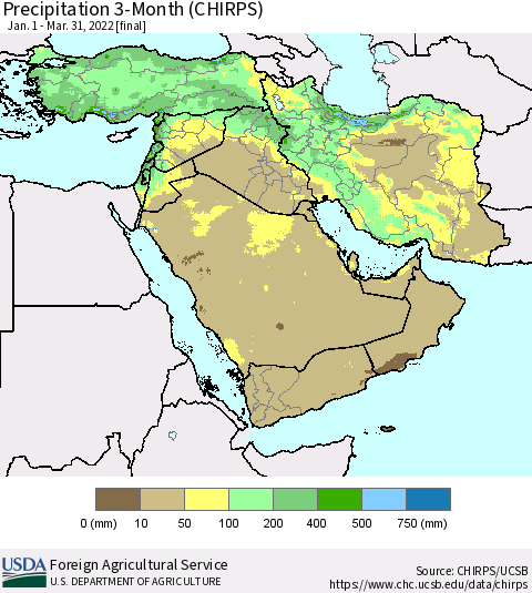 Middle East and Turkey Precipitation 3-Month (CHIRPS) Thematic Map For 1/1/2022 - 3/31/2022
