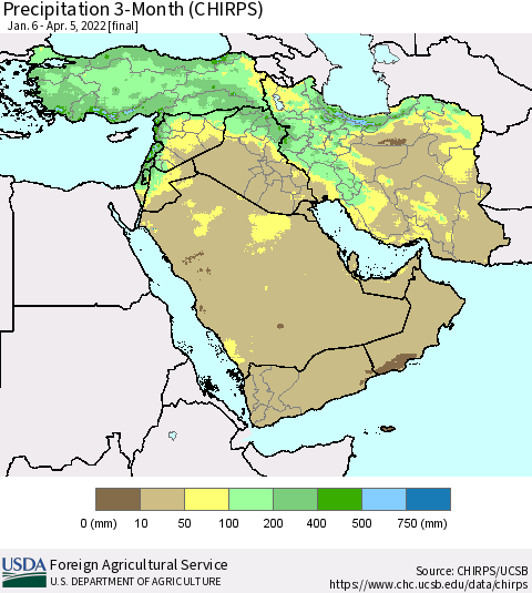 Middle East and Turkey Precipitation 3-Month (CHIRPS) Thematic Map For 1/6/2022 - 4/5/2022