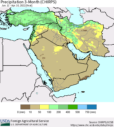 Middle East and Turkey Precipitation 3-Month (CHIRPS) Thematic Map For 1/11/2022 - 4/10/2022