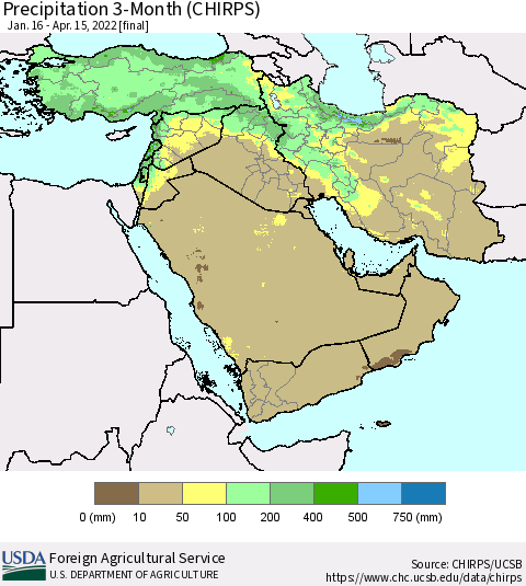 Middle East and Turkey Precipitation 3-Month (CHIRPS) Thematic Map For 1/16/2022 - 4/15/2022