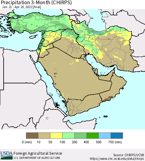 Middle East and Turkey Precipitation 3-Month (CHIRPS) Thematic Map For 1/21/2022 - 4/20/2022