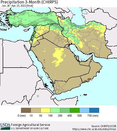 Middle East and Turkey Precipitation 3-Month (CHIRPS) Thematic Map For 1/26/2022 - 4/25/2022