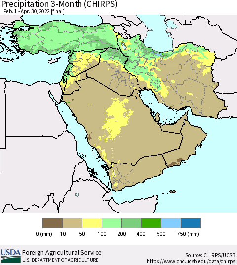 Middle East and Turkey Precipitation 3-Month (CHIRPS) Thematic Map For 2/1/2022 - 4/30/2022