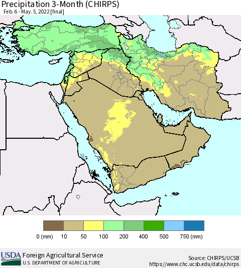 Middle East and Turkey Precipitation 3-Month (CHIRPS) Thematic Map For 2/6/2022 - 5/5/2022