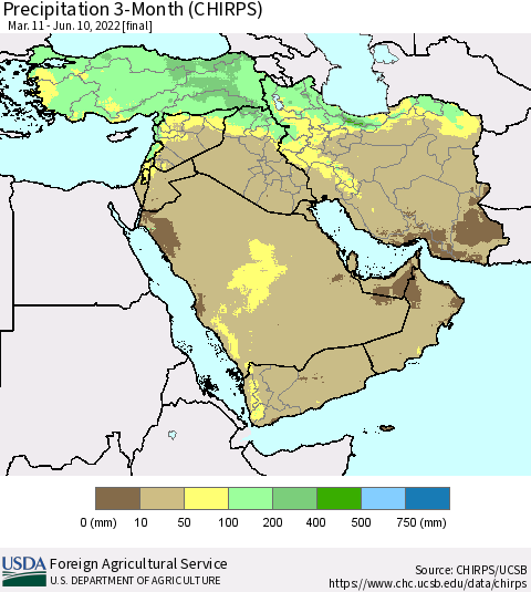 Middle East and Turkey Precipitation 3-Month (CHIRPS) Thematic Map For 3/11/2022 - 6/10/2022