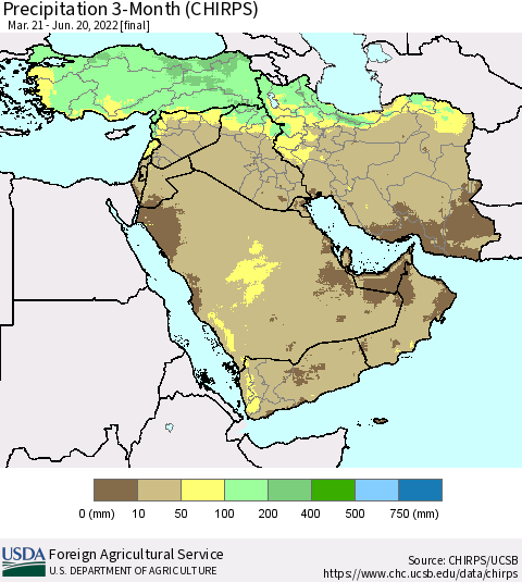 Middle East and Turkey Precipitation 3-Month (CHIRPS) Thematic Map For 3/21/2022 - 6/20/2022