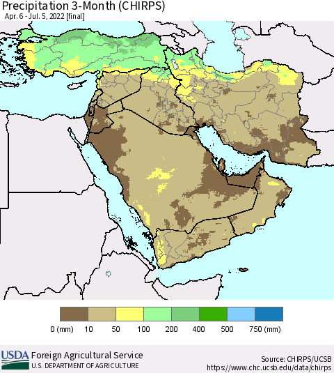 Middle East and Turkey Precipitation 3-Month (CHIRPS) Thematic Map For 4/6/2022 - 7/5/2022