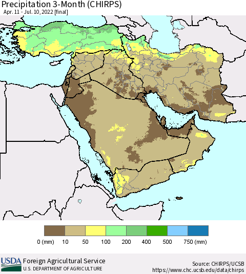 Middle East and Turkey Precipitation 3-Month (CHIRPS) Thematic Map For 4/11/2022 - 7/10/2022