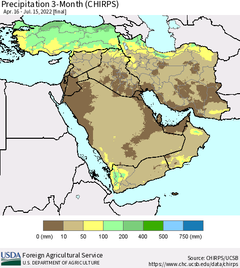 Middle East and Turkey Precipitation 3-Month (CHIRPS) Thematic Map For 4/16/2022 - 7/15/2022
