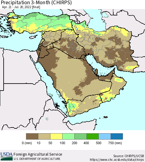 Middle East and Turkey Precipitation 3-Month (CHIRPS) Thematic Map For 4/21/2022 - 7/20/2022