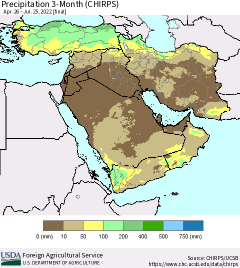 Middle East and Turkey Precipitation 3-Month (CHIRPS) Thematic Map For 4/26/2022 - 7/25/2022