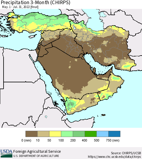 Middle East and Turkey Precipitation 3-Month (CHIRPS) Thematic Map For 5/1/2022 - 7/31/2022