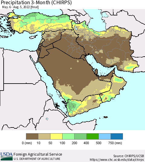 Middle East and Turkey Precipitation 3-Month (CHIRPS) Thematic Map For 5/6/2022 - 8/5/2022