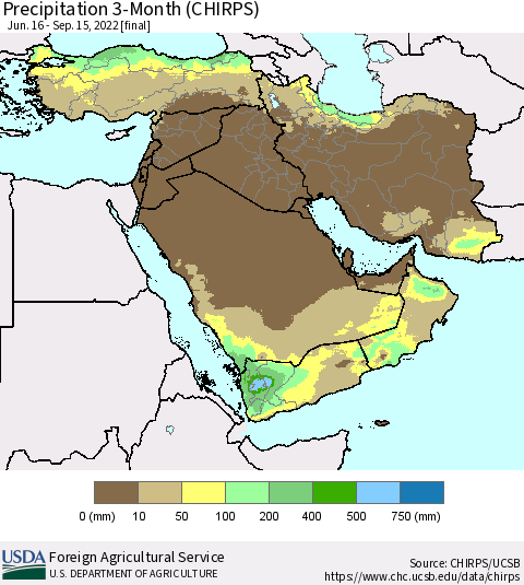 Middle East and Turkey Precipitation 3-Month (CHIRPS) Thematic Map For 6/16/2022 - 9/15/2022