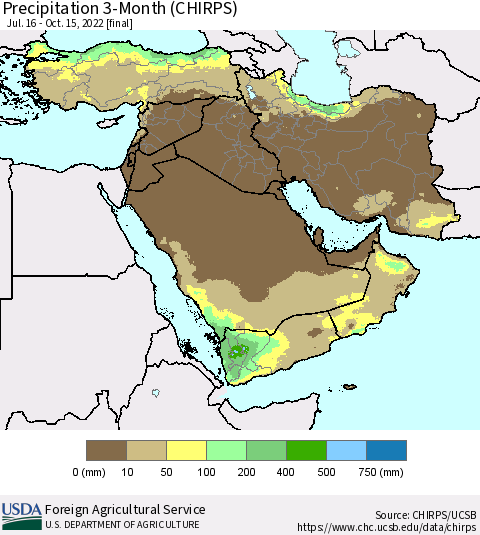 Middle East and Turkey Precipitation 3-Month (CHIRPS) Thematic Map For 7/16/2022 - 10/15/2022