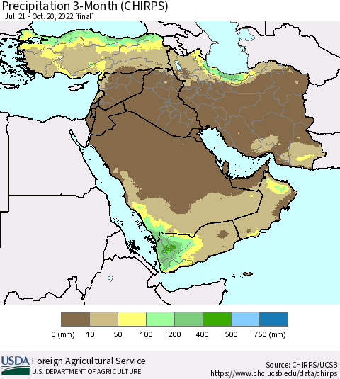 Middle East and Turkey Precipitation 3-Month (CHIRPS) Thematic Map For 7/21/2022 - 10/20/2022