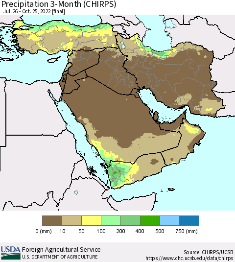 Middle East and Turkey Precipitation 3-Month (CHIRPS) Thematic Map For 7/26/2022 - 10/25/2022