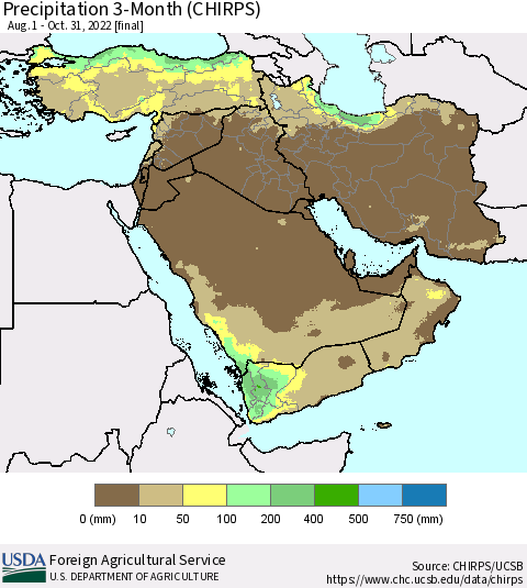Middle East and Turkey Precipitation 3-Month (CHIRPS) Thematic Map For 8/1/2022 - 10/31/2022