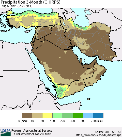 Middle East and Turkey Precipitation 3-Month (CHIRPS) Thematic Map For 8/6/2022 - 11/5/2022