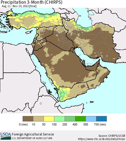 Middle East and Turkey Precipitation 3-Month (CHIRPS) Thematic Map For 8/11/2022 - 11/10/2022