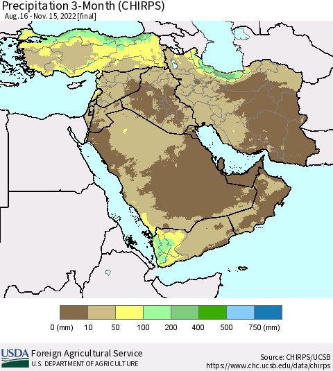 Middle East and Turkey Precipitation 3-Month (CHIRPS) Thematic Map For 8/16/2022 - 11/15/2022