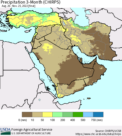 Middle East and Turkey Precipitation 3-Month (CHIRPS) Thematic Map For 8/26/2022 - 11/25/2022