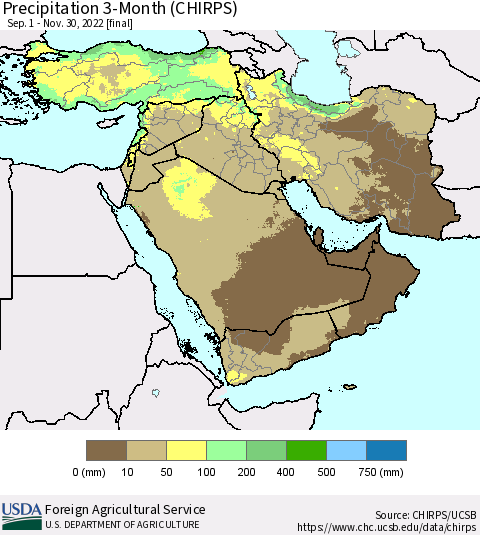 Middle East and Turkey Precipitation 3-Month (CHIRPS) Thematic Map For 9/1/2022 - 11/30/2022
