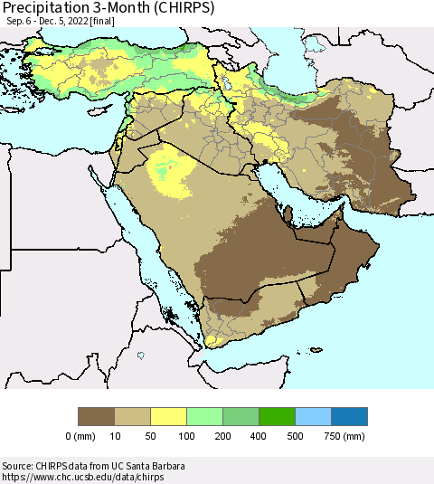 Middle East and Turkey Precipitation 3-Month (CHIRPS) Thematic Map For 9/6/2022 - 12/5/2022