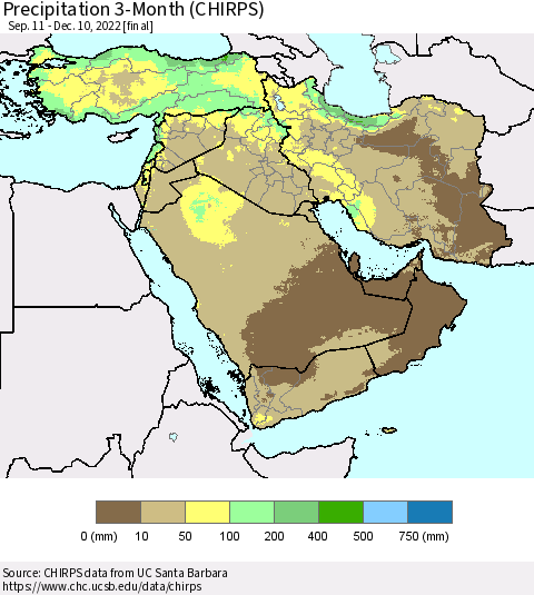 Middle East and Turkey Precipitation 3-Month (CHIRPS) Thematic Map For 9/11/2022 - 12/10/2022