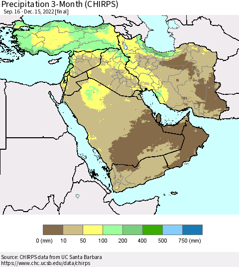 Middle East and Turkey Precipitation 3-Month (CHIRPS) Thematic Map For 9/16/2022 - 12/15/2022