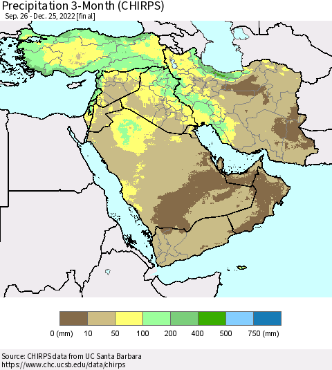 Middle East and Turkey Precipitation 3-Month (CHIRPS) Thematic Map For 9/26/2022 - 12/25/2022
