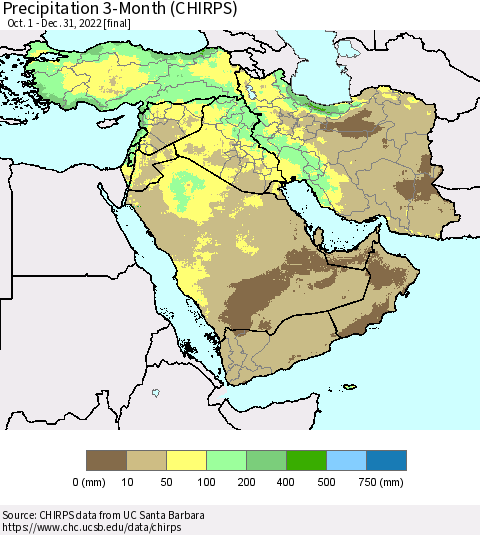 Middle East and Turkey Precipitation 3-Month (CHIRPS) Thematic Map For 10/1/2022 - 12/31/2022