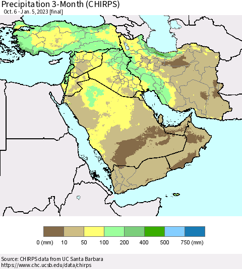 Middle East and Turkey Precipitation 3-Month (CHIRPS) Thematic Map For 10/6/2022 - 1/5/2023