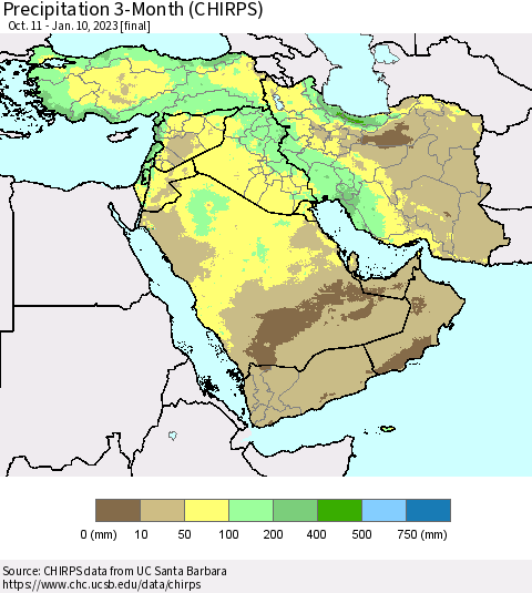 Middle East and Turkey Precipitation 3-Month (CHIRPS) Thematic Map For 10/11/2022 - 1/10/2023