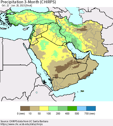 Middle East and Turkey Precipitation 3-Month (CHIRPS) Thematic Map For 10/21/2022 - 1/20/2023