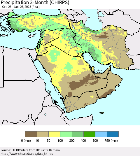 Middle East and Turkey Precipitation 3-Month (CHIRPS) Thematic Map For 10/26/2022 - 1/25/2023