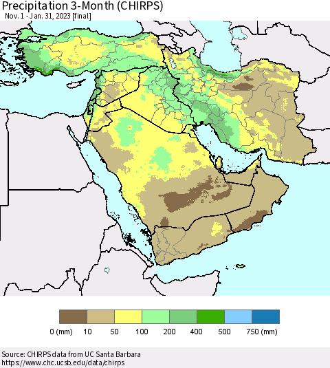 Middle East and Turkey Precipitation 3-Month (CHIRPS) Thematic Map For 11/1/2022 - 1/31/2023