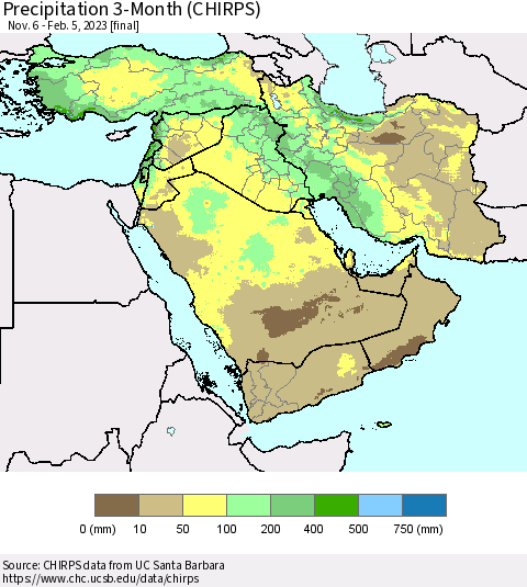 Middle East and Turkey Precipitation 3-Month (CHIRPS) Thematic Map For 11/6/2022 - 2/5/2023