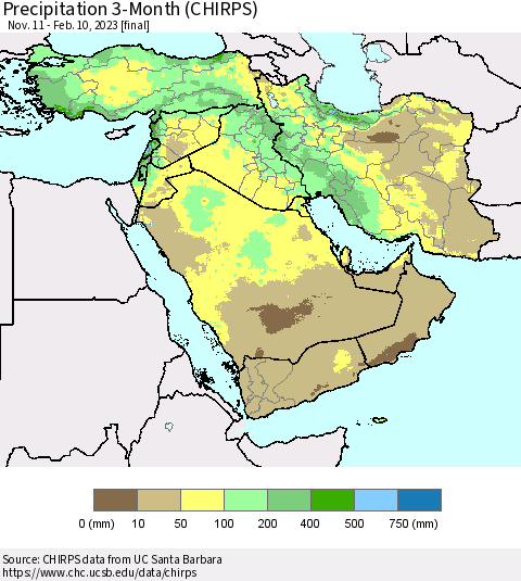 Middle East and Turkey Precipitation 3-Month (CHIRPS) Thematic Map For 11/11/2022 - 2/10/2023