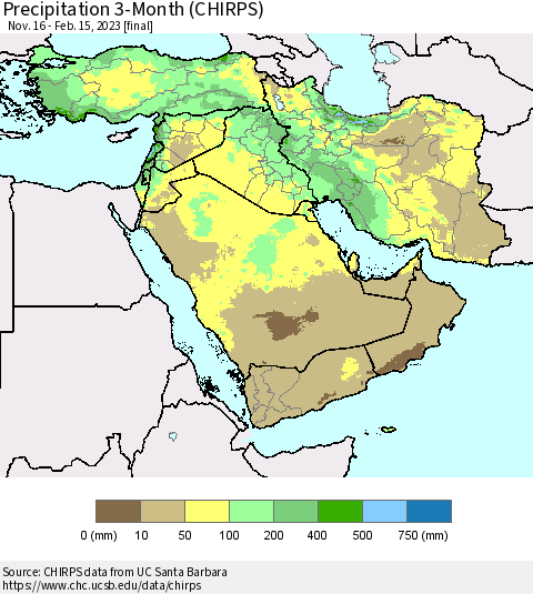 Middle East and Turkey Precipitation 3-Month (CHIRPS) Thematic Map For 11/16/2022 - 2/15/2023