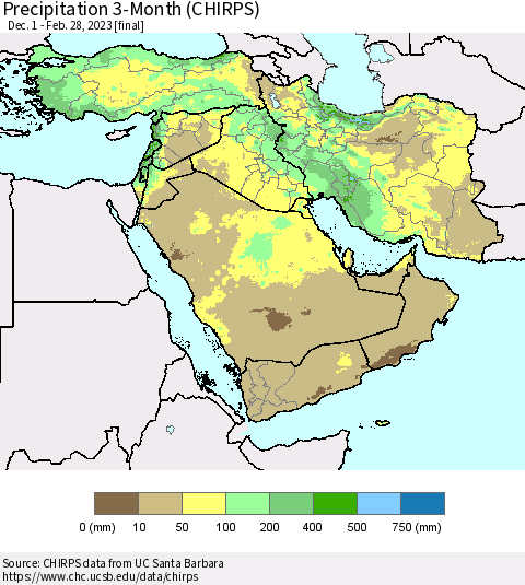 Middle East and Turkey Precipitation 3-Month (CHIRPS) Thematic Map For 12/1/2022 - 2/28/2023