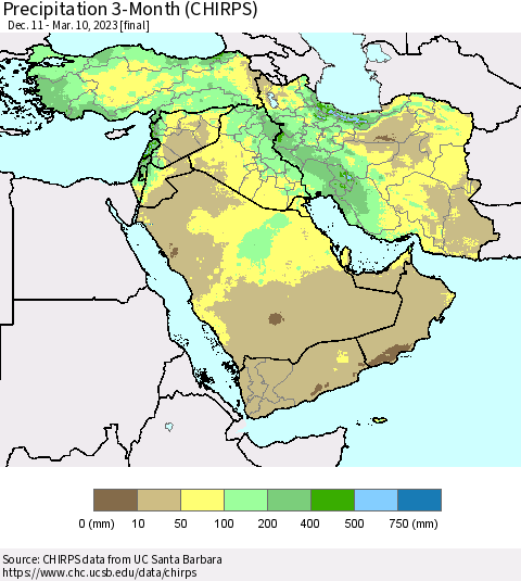 Middle East and Turkey Precipitation 3-Month (CHIRPS) Thematic Map For 12/11/2022 - 3/10/2023