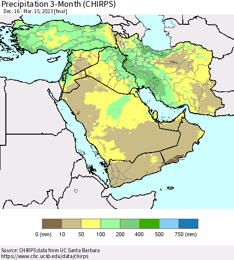 Middle East and Turkey Precipitation 3-Month (CHIRPS) Thematic Map For 12/16/2022 - 3/15/2023