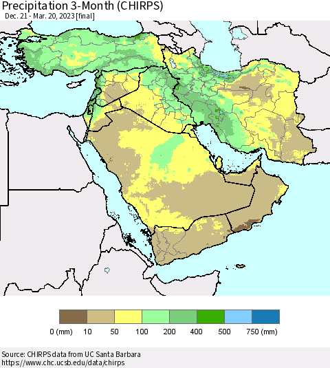 Middle East and Turkey Precipitation 3-Month (CHIRPS) Thematic Map For 12/21/2022 - 3/20/2023