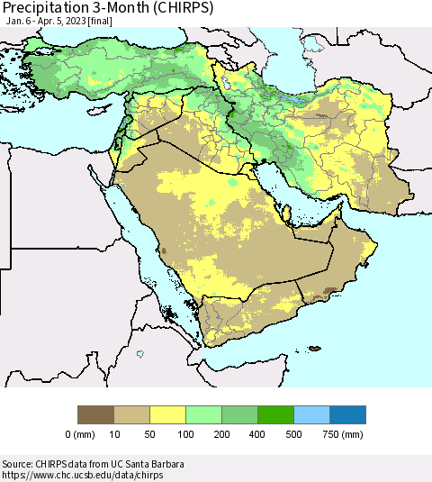 Middle East and Turkey Precipitation 3-Month (CHIRPS) Thematic Map For 1/6/2023 - 4/5/2023